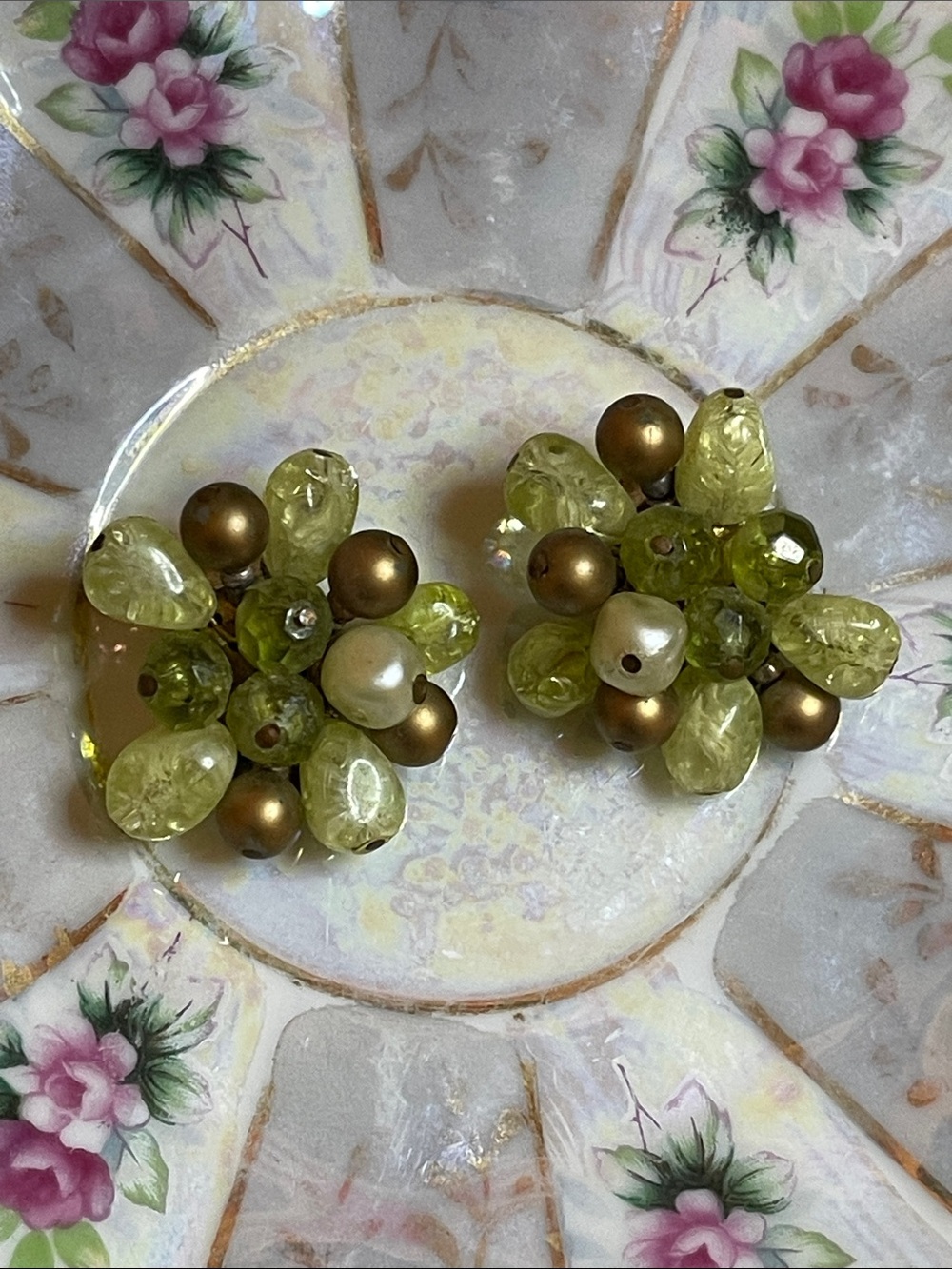 Vintage W. Germany Green, Bronze, & Faux Pearl Cluster Clip-On Earrings